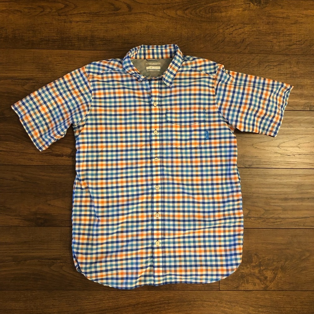 Columbia Mens Shirt Size M Orange Blue White Check Plaid Omni Shade Caped Nylon